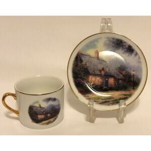 Thomas Kinkade Tea Cup Saucer Moonlight Cottage Gold Trim 2 Pc Set Art